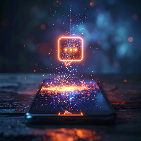 A smartphone on a dark surface comes to life as a vibrant, holographic chat icon emerges from its screen.の素材