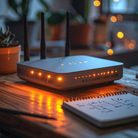 A modern wireless router sits on a wooden desk, its indicator lights glowing warmly in the evening.の素材