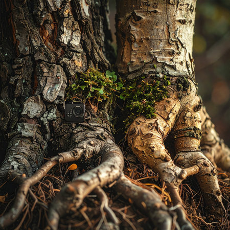 A close-up view reveals the intricate and gnarled root system of an ancient tree, firmly anchored in the earth.の素材
