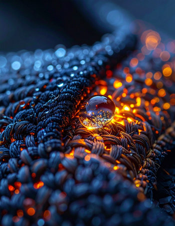A single drop of water rests on a complex, dark woven surface, capturing the mysterious inner glow of hidden embers.の素材