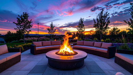 As the sun dips below the horizon, painting the sky in vibrant hues of purple and orange, a warm fire crackles in a modern fire pit.の素材
