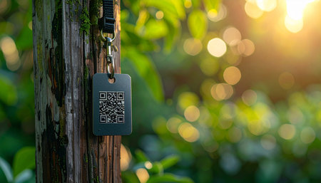 A scannable QR code tag hangs on a tree trunk, illuminated by the warm, golden light of a setting sun.の素材