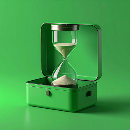 In a sleek, monochromatic green setting, an elegant hourglass measures the passing moments from within a modern case.の素材