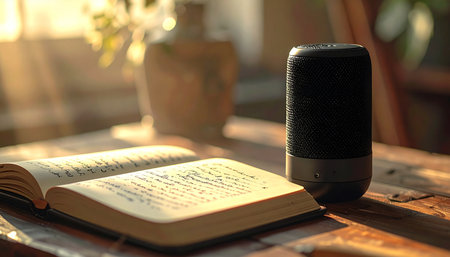 A tranquil morning scene where an open book rests on a wooden table, bathed in the warm glow of sunlight.の素材