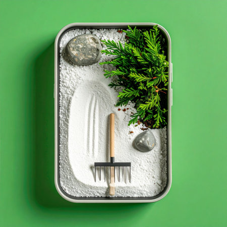 A personal sanctuary in a box. This miniature zen garden, seen from above on a vibrant green surface, offers a moment of calm and mindfulness.の素材