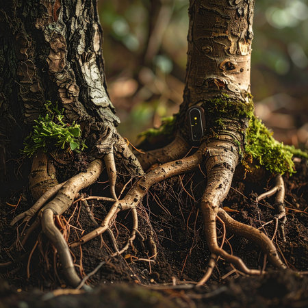 A close-up view captures the powerful base of two trees, their roots deeply intertwined in the rich forest soil.の素材