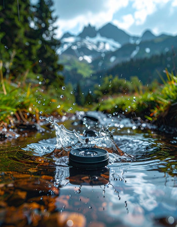 A durable camera lens filter withstands a splash in a crystal-clear mountain stream, symbolizing the perfect harmony between technology and the raw beauty of nature.の素材