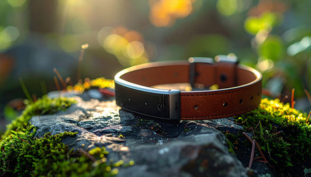 A high-quality leather dog collar rests on a moss-covered stone, bathed in the warm glow of a forest sunset.の素材