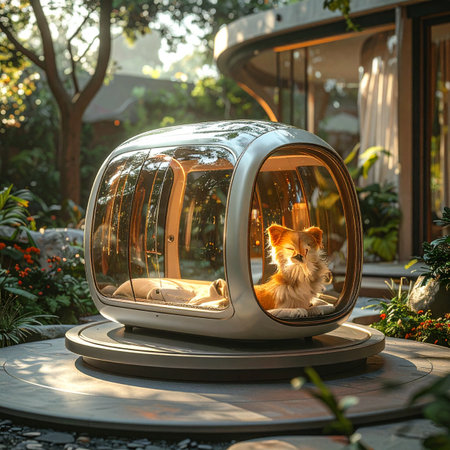 A small, content dog rests inside a sleek, futuristic pet pod, enjoying the warmth of the sun in a tranquil garden oasis.の素材