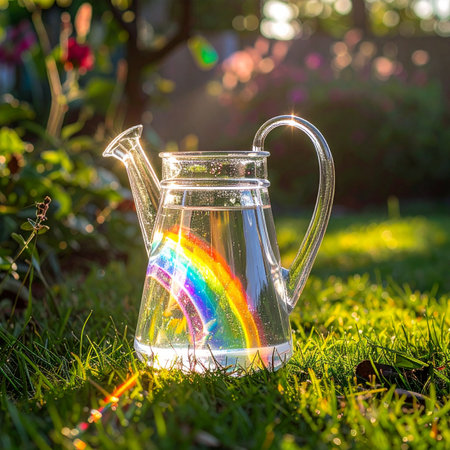 As the golden hour sun dips low, it casts a magical light through a glass watering can resting in a lush garden.の素材