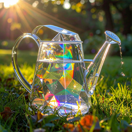 In the golden light of a serene dawn, a crystal watering can holds the promise of life.の素材