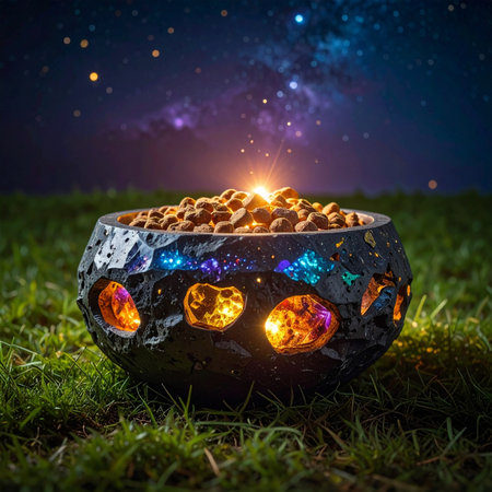 A mystical fire bowl rests on a lush green lawn, its inner light casting a warm, enchanting glow against the cool night.の素材