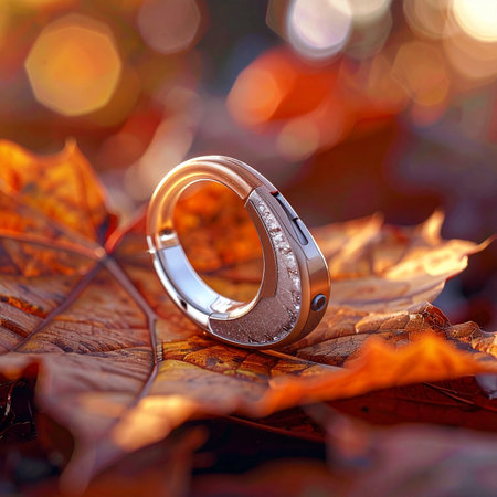 In the heart of a tranquil autumn forest, a modern smart ring rests upon a bed of crisp, colorful leaves.の素材