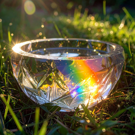 A crystal bowl, nestled in the fresh morning grass, catches the first rays of sunlight.の素材