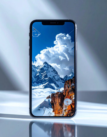 A gateway to adventure in your pocket. This modern smartphone displays a breathtaking, high-resolution image of a snow-capped mountain, bringing the grandeur of nature to the palm of your hand.の素材