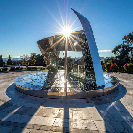 The sun creates a brilliant starburst as it aligns perfectly with a modern, reflective metal sundial sculpture.の素材