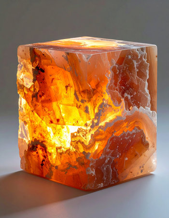 A cube of natural mineral, possibly salt rock or calcite, glows with a warm, fiery light from within.の素材