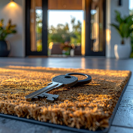 A set of new house keys rests on a welcome mat in the warm glow of sunlight.の素材