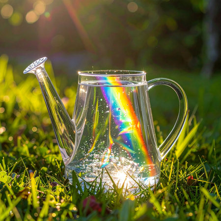 In the soft glow of a sun-drenched garden, a simple glass watering can becomes a vessel of magic.の素材