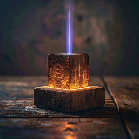 An ancient wooden artifact, etched with mysterious glowing runes, awakens in a dark, rustic setting.の素材