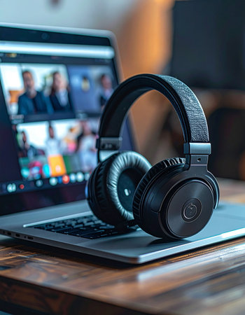 A pair of wireless headphones rests on a laptop, ready for the next virtual meeting.の素材