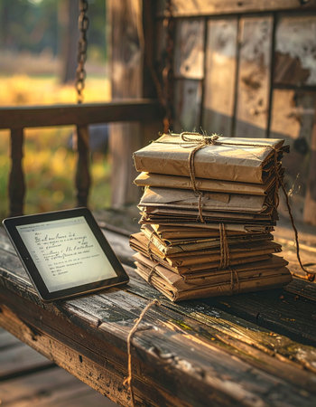On a weathered wooden porch swing, a stack of old, string-tied letters sits beside a modern e-reader.の素材