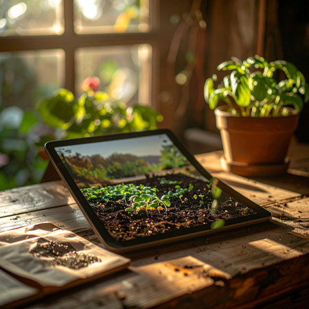 Sunlight streams through a window, illuminating a rustic wooden table where a digital tablet displays a vibrant garden plan.の素材
