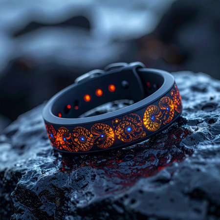 An ancient, mystical ring rests upon a dark, volcanic stone at twilight. Its intricate patterns glow with an inner fire, hinting at forgotten magic and immense power.の素材