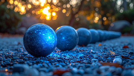 As the sun sets, casting a warm golden glow, a set of petanque balls rests on the gravel court.の素材