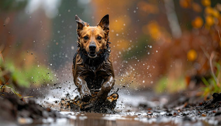 A joyful dog, completely uninhibited, charges through a muddy puddle on a forest trail.の素材