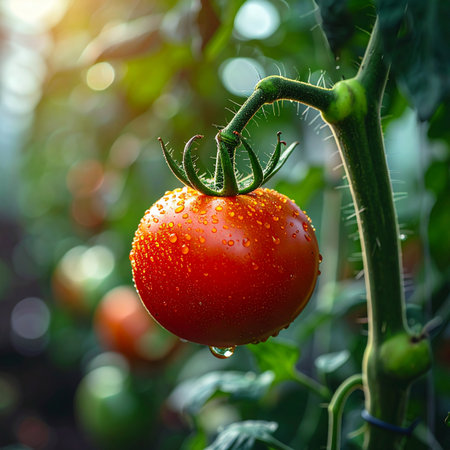 A perfect, ripe red tomato, glistening with morning dew, hangs from the vine in a sun-drenched garden.の素材