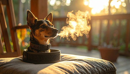 In the warm glow of a golden hour sunset, a seemingly ordinary small dog reveals its extraordinary secret.の素材