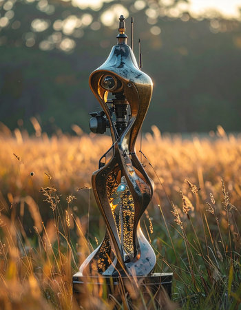 In the quiet glow of a setting sun, a mysterious and intricate artifact stands silently in a golden meadow.の素材