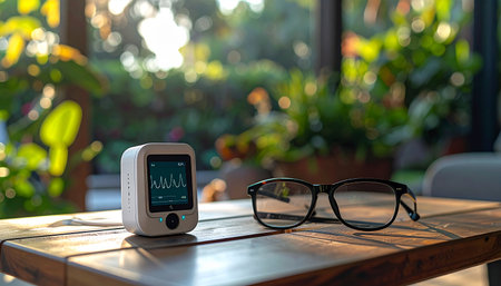 A digital blood pressure monitor sits on a wooden table next to a pair of eyeglasses, bathed in warm morning sunlight.の素材