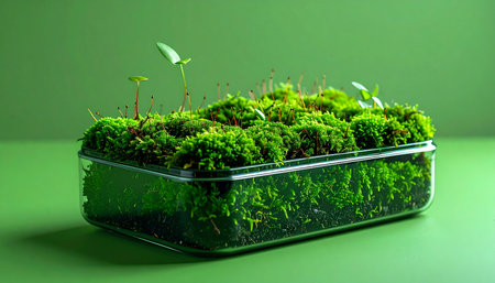 A vibrant microcosm of life emerges as fresh green sprouts push through a bed of lush moss contained within a modern, clear vessel.の素材