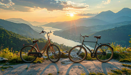 Two bicycles rest at a scenic viewpoint, their riders having paused to witness a breathtaking sunrise over a winding river and majestic mountains.の素材