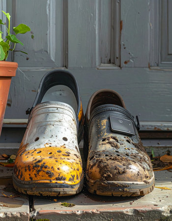 A pair of well-worn, muddy clogs rests on a stone step, evidence of a productive day spent working in the garden.の素材