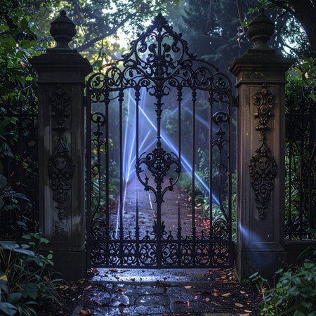 An old, ornate gothic gate stands as a silent guardian to a hidden path deep within an overgrown forest.の素材
