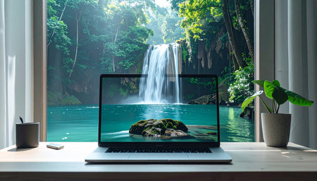 A laptop sits on a sunlit desk, its screen seamlessly blending with the breathtaking view of a tropical waterfall outside the window.の素材