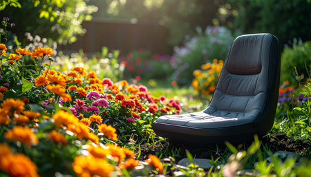 An unexpected modern chair sits empty amidst a vibrant, sun-drenched flower garden, offering a perfect spot for quiet contemplation and a peaceful escape.の素材