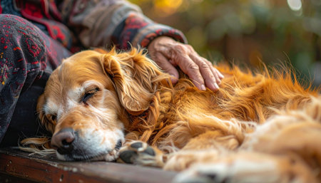 A tender, quiet moment shared between an elderly owner and their faithful old golden retriever.の素材
