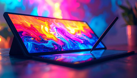 A sleek, modern tablet acts as a portal to digital creativity, its screen glowing with a mesmerizing abstract painting.の素材