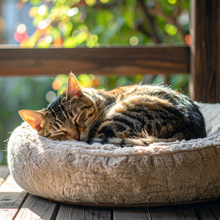 A beautiful Bengal cat enjoys a peaceful afternoon nap, curled up in its soft bed.の素材