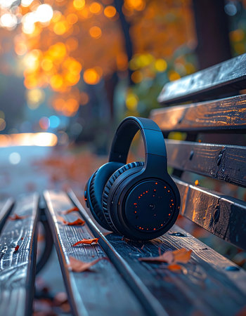 A pair of headphones rests on a weathered park bench, left behind after a moment of peaceful listening.の素材