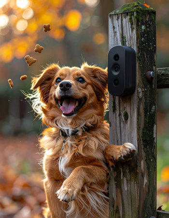A joyful, fluffy brown dog pauses during a walk in the woods, playfully leaning against a rustic wooden fence post.の素材