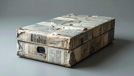 A mysterious package, carefully wrapped in old newspaper, sits on a neutral background.の素材