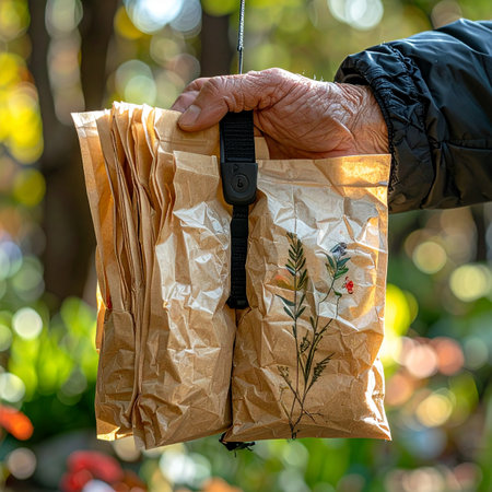 An older person's hand holds several rustic paper sachets of artisanal herbal tea, decorated with a simple drawing of rosemary.の素材