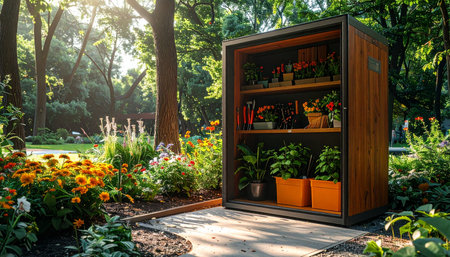 A beautifully organized wooden garden cabinet stands ready for a day of planting, bathed in the warm glow of early morning sunlight.の素材