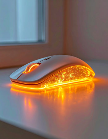In the quiet of a modern workspace, a wireless gaming mouse emits a warm, orange glow, casting soft reflections on the desk.の素材