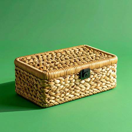 A beautifully handcrafted wicker storage box sits against a vibrant green background.の素材